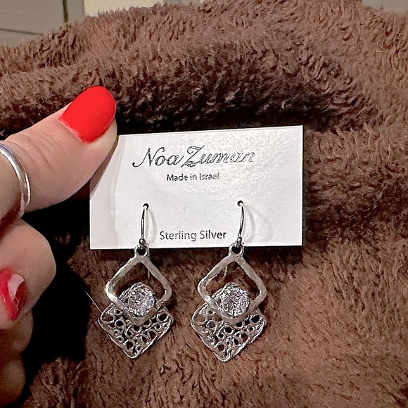 Noa Zuman Sterling silver boho sparkle dangle hook geometric earrings - Picture 2 of 4